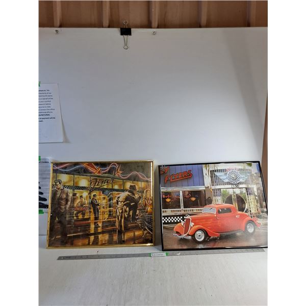 (2) Framed Pictures - 50's Diner 20" x 16"/ Red Car 20" x 16"