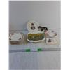 Various China Pieces incl 9 side plates, serving plate, Metal Horse -