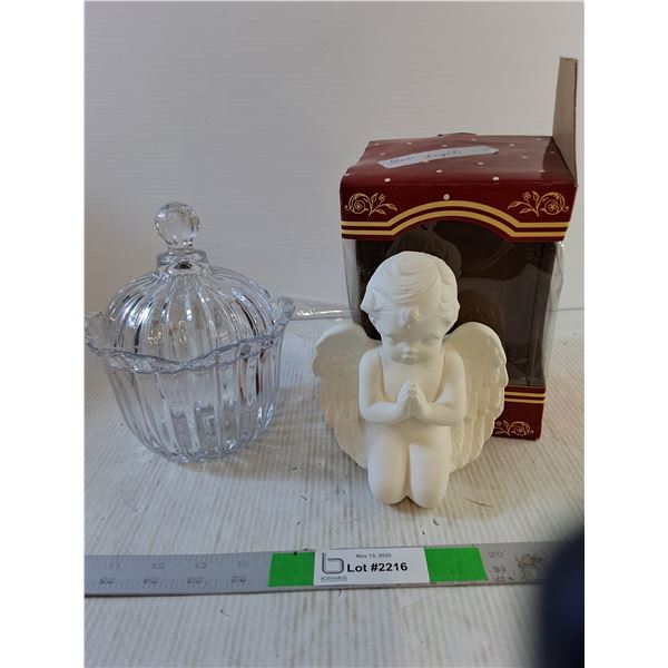 2 Piece Glass Dish, Ceramic Angel Figurine