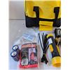 Image 2 : Bag with Jumper Cables, Flashlight, Vest, Misc.- Untested