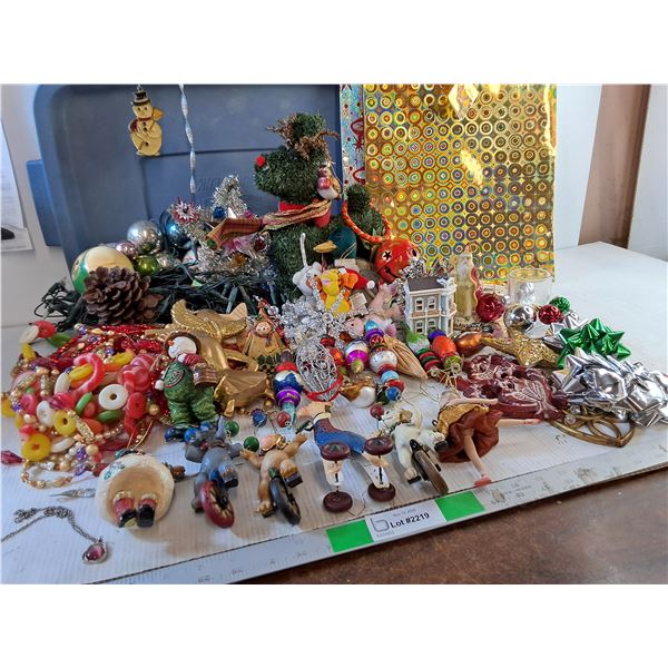 Bin of Various Christmas Decorations, String Lights, Ornaments, Gift Bags, Garland - Untested,Cannot