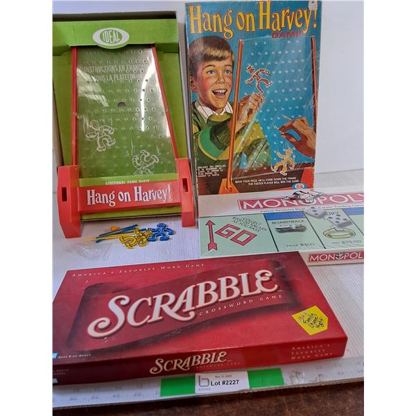 Board Games- Hang On Harvey!, Scrabble, Monopoly -As Is