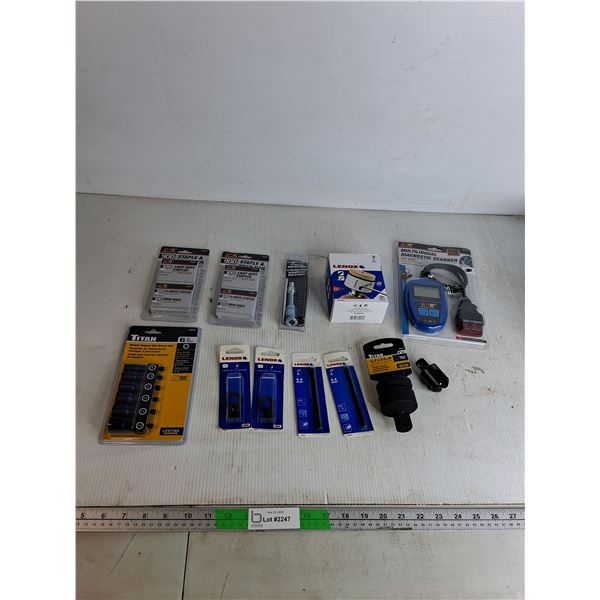 Impact Nut Driver Set, (2) 900 Staples & Brad Nails, 4" Grease Gun, (2) 1/4" Drill Bits, Misc