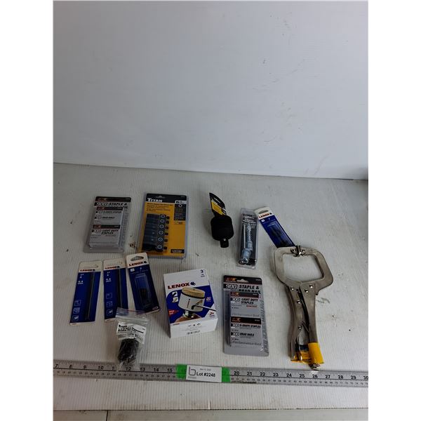 (2) 900 Staples & Brad Nails, Metric Impact Driver Set,  Socket Adapter, 4" Grease Gun, 3" Lenox Saw
