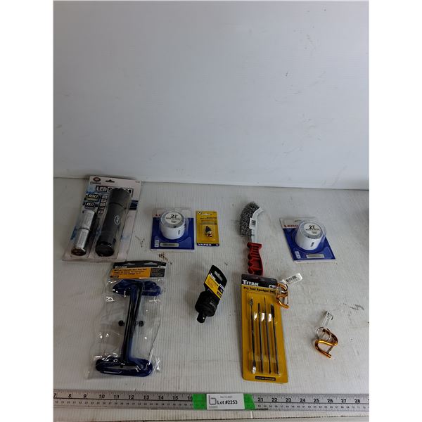 LED Flashlight, 2 3/8" Lenox Hole Saw, Blow Gun Relpacement Tip, Wire Brush, Misc