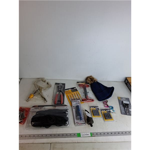 Cargo Net, (2) Ceramic Magnetic Discs, Blue LED Toque, Hex Key Set, Hose Clamp Pliers, Misc