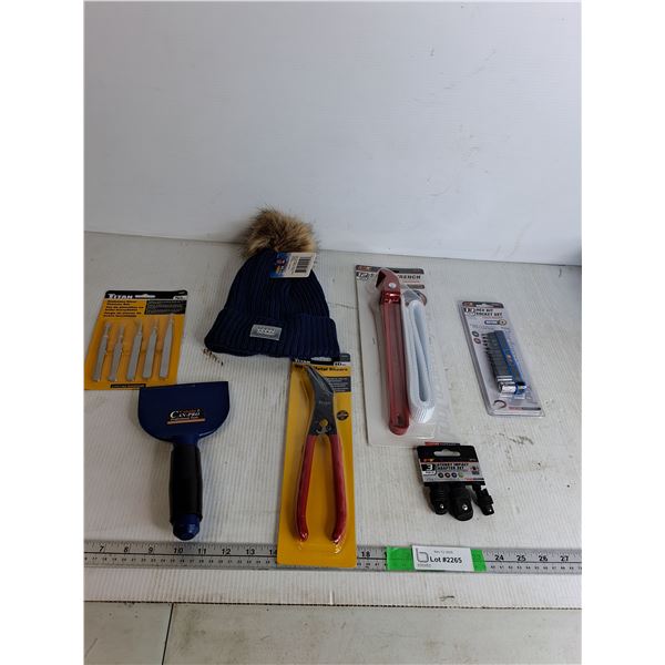 Stainless Steel Tweezer Set, Blue LED Toque, 12" Strap Wrench, Offset Metal Shears, Misc