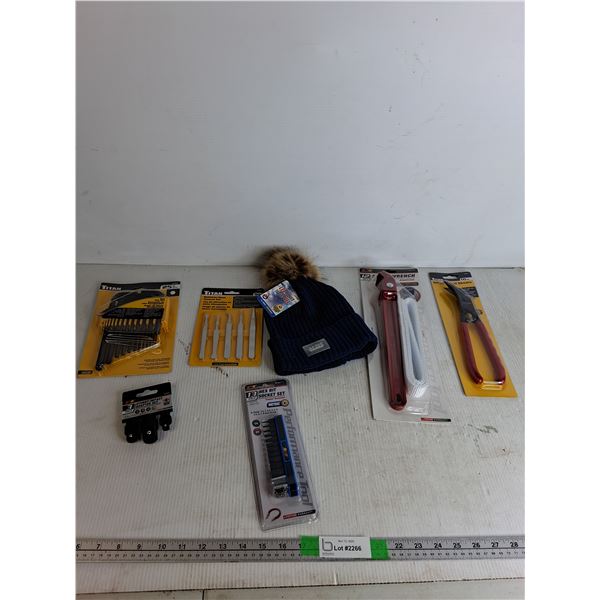 Hex Key Set, Stainless Steel Tweezer Set, Blue LED Toque, 12" Strap Wrench, Offset Metal Shears