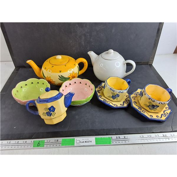 (2)  Ceramic Tea Pots - Chipped, Tea Set Decorations, (2) Ceramic Plant Bowls