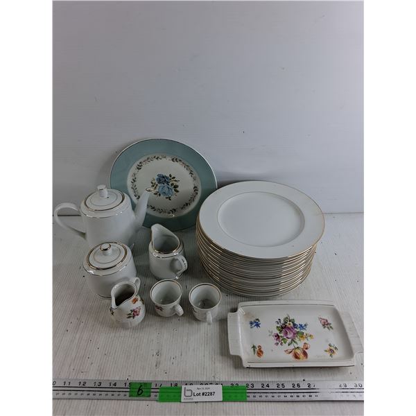 Ceramic Tea Pot, Sugar & Cream Set, 10" Ceramic Dining Plates, Ceramic Serving Tray 9" x 5"