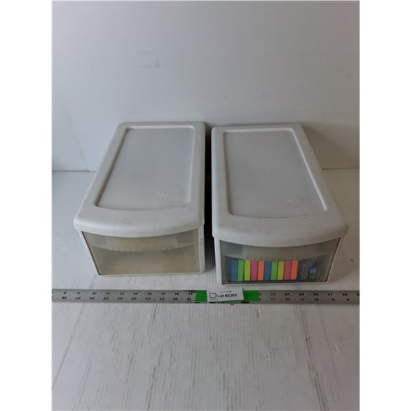 (2) Plastic Storage Containers 15.5  x 9  x 6  & Contents- Erasers, Envelopes, Tag Notes. Cannot Shi