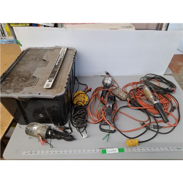 Storage Tote 21.5" x 15.5" x 12.75", Trouble Lights-As Is/Untested, Extension Cords, Canno Ship