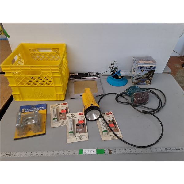 Milk Crate 13" x 11", Electric Sander- Powers On, Portable Propane Stove, Misc. Cannot Ship