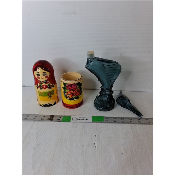 Ukrainian Nesting Doll 9.75" & Glass Swordfish Aftershave Decanter- Both Empty