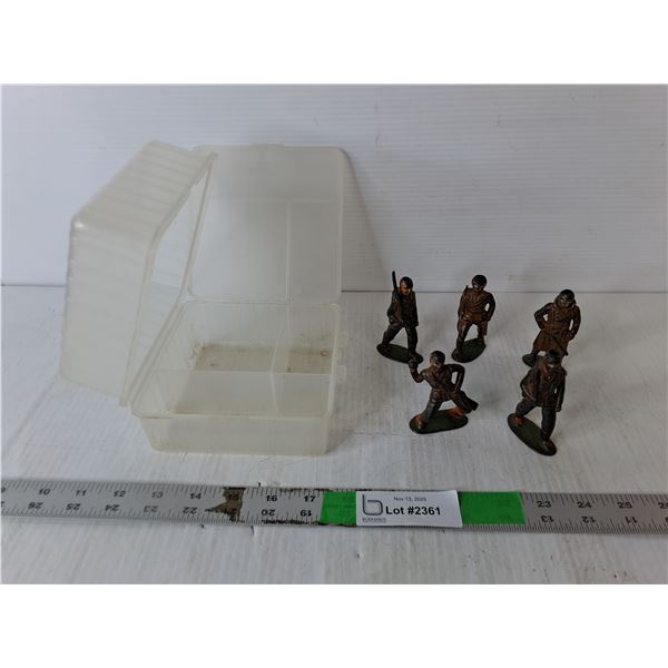 (5) Vintage Metal Soldier Figurines 3.25" Tall & Plastic Container