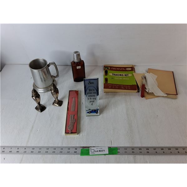Silver Plated Salt & Pepper Shaker, Tracing Kit, Dice Mug, Misc.