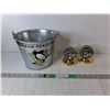 Image 1 : Pittsburgh Penguins Metal Pail 7.25" Tall, Nashville Predators & Columbus Blue Jackets Pucks