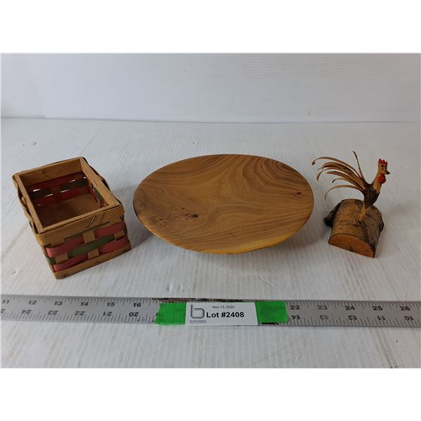Wood Display Stand 8.25" Diameter, Rooster Figurine & Miniature Wicker Basket