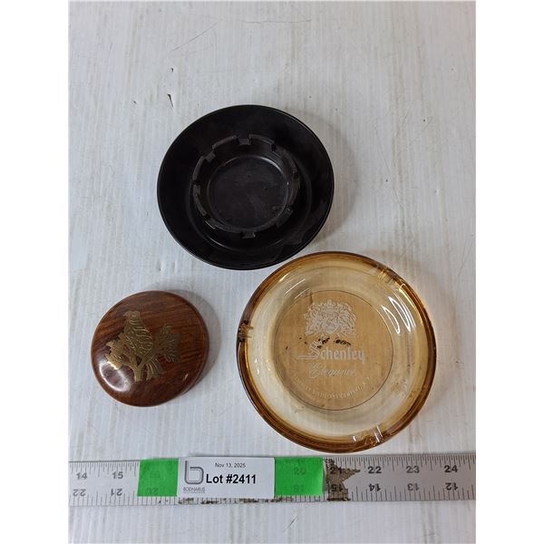 Wooden Paperweight & (2) Ashtrays