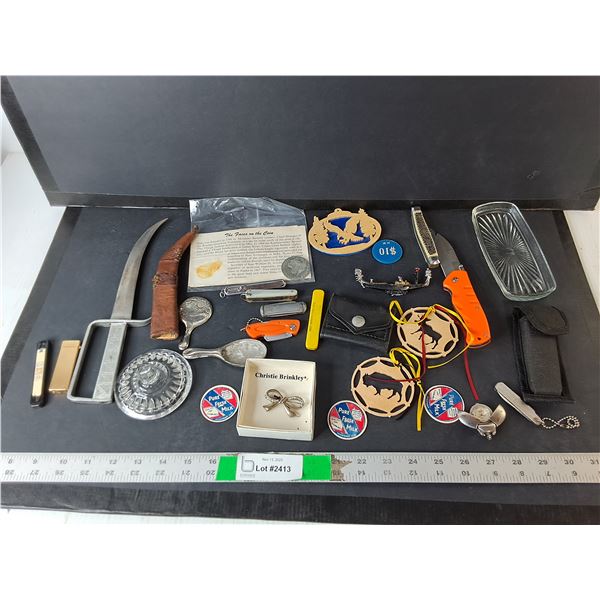 Dagger with Sheath, Pocket Knives, Clock Pendant, Misc.