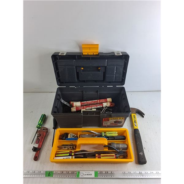 Plastic Tool Box, Safety Flares, Screwdrivers, Pipe Wrench, Hammer, Pliers, Misc