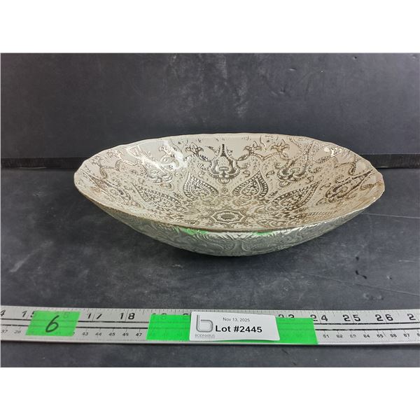 Silver Plated Milk Glass Bowl 12" x 8", Authenticity Not Guaranteed