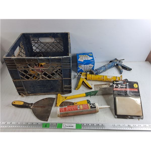 Dry Wall Tools, Caulking Guns, Silicone Sealant, Paint Edger Refills, 45W Light Bulbs, Milk Crate
