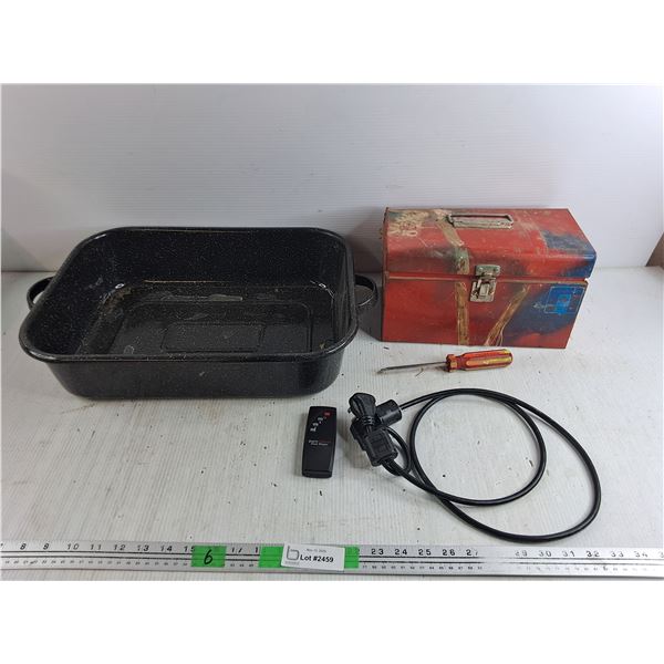Baking Dish 18" x 14" x 4", Metal Tool Box 11" x 6" x 7", Power Cord, Screwdriver, Remote