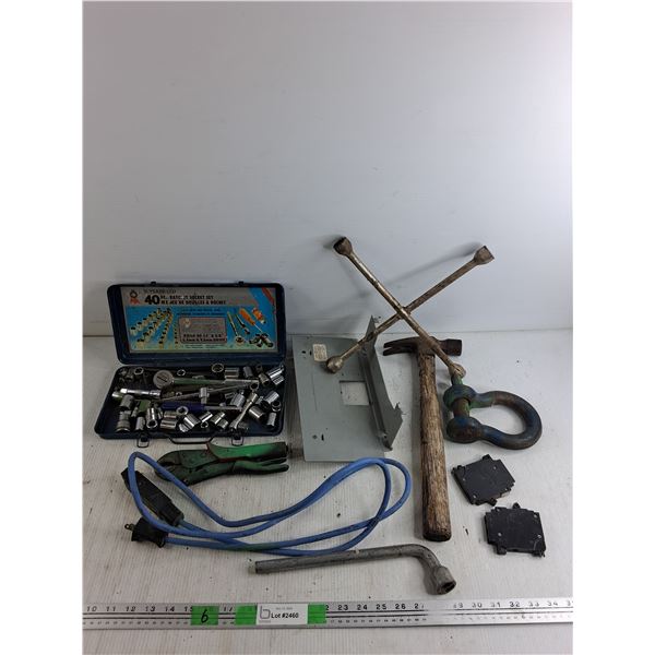 Ratchet Socket Set, Vise Grips, Lug Wrenches, Hammer, 6' Extension Cord, Misc