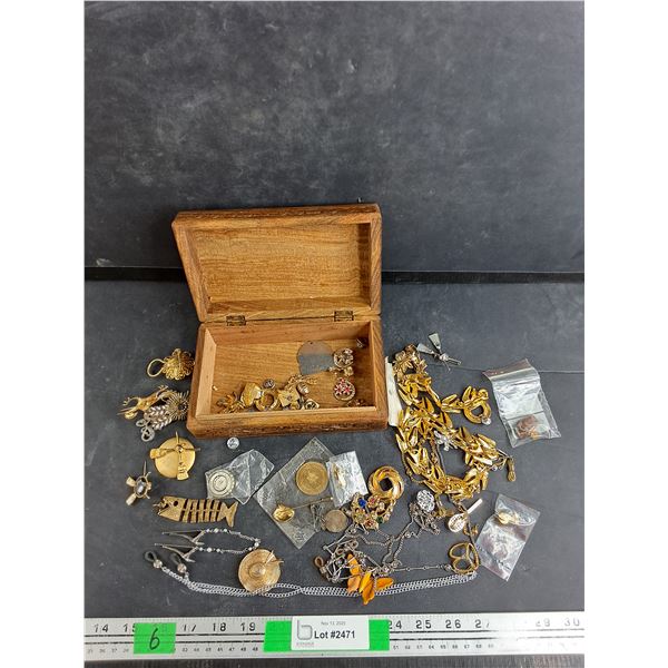 Carved Wood Jewelry Box 8" x 3" x 5", Lapel Pins, Necklaces, Misc - Authenticity Not Guaranteed