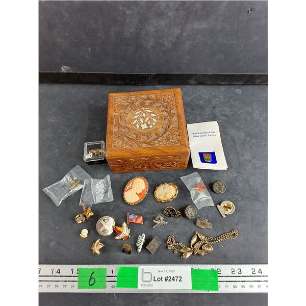 Carved Wood Jewelry Box 4 1/2" x 4 1/2" x 2", Various Lapel Pins, Bracelet