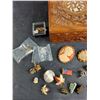 Image 2 : Carved Wood Jewelry Box 4 1/2" x 4 1/2" x 2", Various Lapel Pins, Bracelet