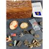 Image 3 : Carved Wood Jewelry Box 4 1/2" x 4 1/2" x 2", Various Lapel Pins, Bracelet