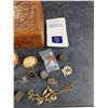 Image 4 : Carved Wood Jewelry Box 4 1/2" x 4 1/2" x 2", Various Lapel Pins, Bracelet