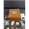 Image 5 : Carved Wood Jewelry Box 4 1/2" x 4 1/2" x 2", Various Lapel Pins, Bracelet