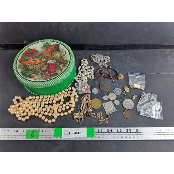 Various Necklaces, Lapel Pins, Coins - Authenticity Not Guaranteed