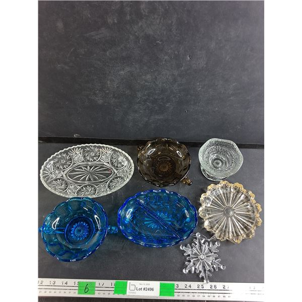 Various Glass Dishes, Plastic Snowflake Ornament, Glass Ash Tray