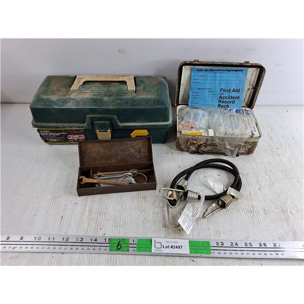 Vintage First Aid Kit, Plano Plastic Tool Box 12  x 6  x 5 , Wrenches, Bungee Cords