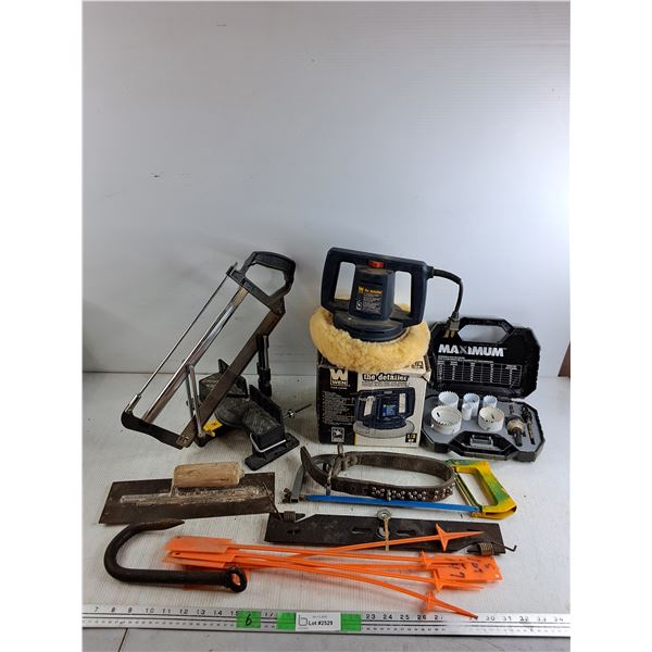 Miter Box, 8" Random Orbit Car Waxer - Powers On, As Is, Hook, Hole Saw Bits, Dog Collar, Misc