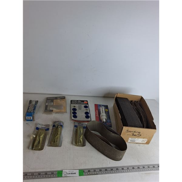 (3) 2 Spring Toggle Bolts, Locking Steel Wheel, Tank Plug Connector, Sanding Belts, Misc