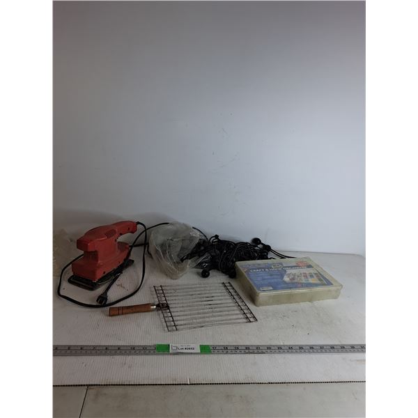 Sander (as is), Craft Organizer (NIB), Grilling Basket, Ball Bungee Cord