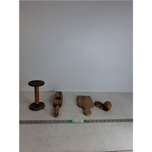 Vintage Wooden Items; Spool, Cutting Board, Knob, Misc