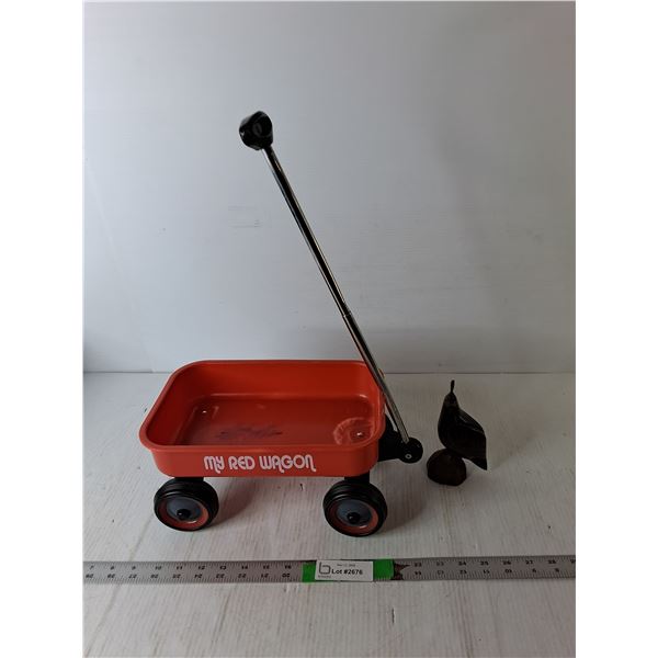Wooden Bird Paperweight & Plastic Red Wagon 13" Long