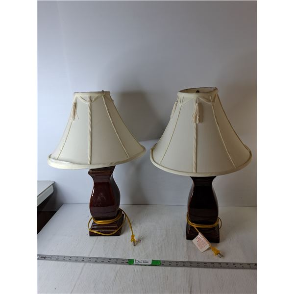 (2) Ceramic Lamps with Fabric Shades 25" Tall, Power On- One Bulb, Missing One Knob