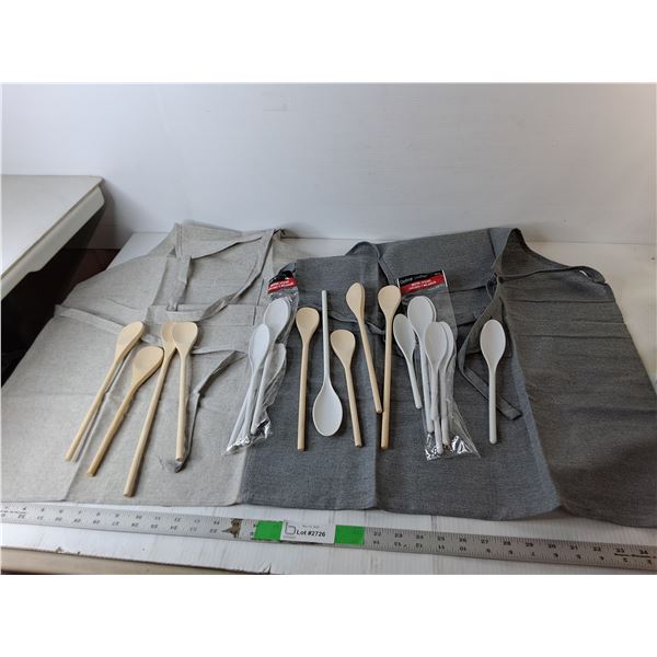 (2) Aprons, Wooden & Plastic Mixing Spoons