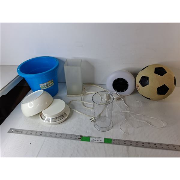 Alarm Clock, Glass Lamp- Both Power On, Scale, Misc.