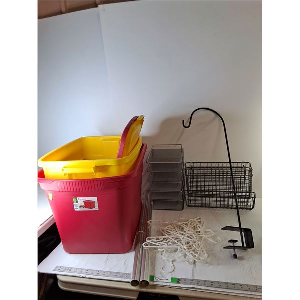 (2) Storage Totes, Children's Hangers, Clamp Plant Hanger, Misc. Cannot Ship