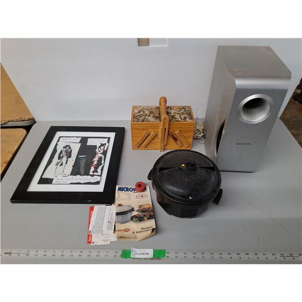 Microwave Tender Cooker, Sewing Supply Case, Panasonic Subwoofer 15.75" Tall, Cannot Ship