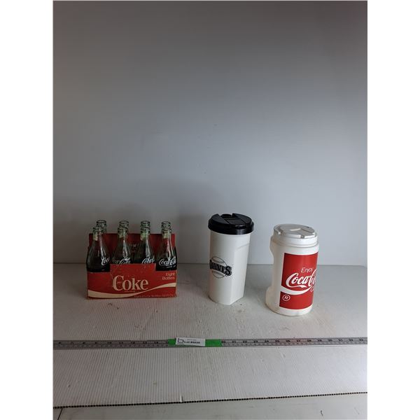 (8) Glass Coca Cola Bottles, (2) Mega Jugs