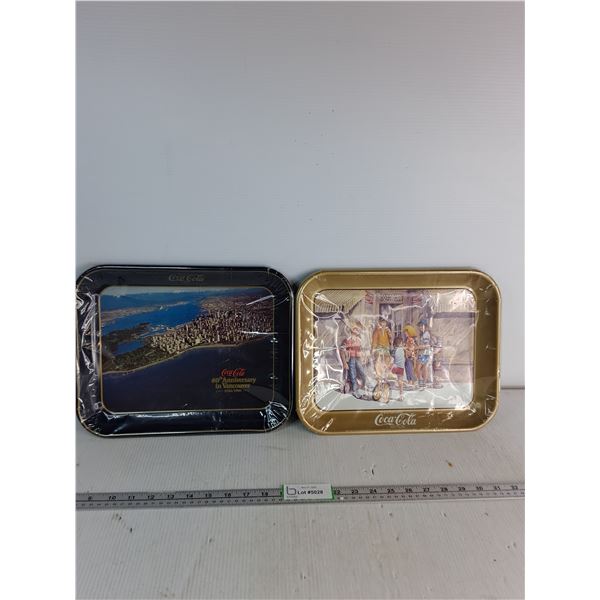 (2) Metal Coca-Cola Trays 10.8x13.5"- 60th Anniversary In Vancouver, & Youth Hanging Out Front Theme